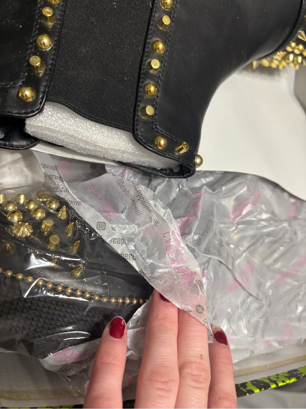 Black Leather Studded Chelsea Boot with Gold Accents - Picture 5 of 6